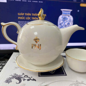 Bộ Ấm Chén In Theo Yêu Cầu Dáng Bưởi Kẻ Chỉ Vàng